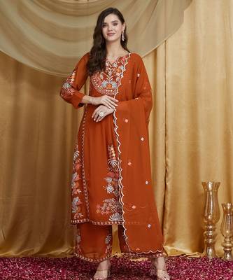 Riva enterprise women's faux georgette fabric thread embroidery kurta set with dupatta 2