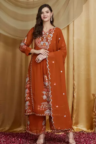 Riva enterprise women's faux georgette fabric thread embroidery kurta set with dupatta