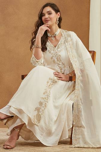 Riva enterprise women's elegant angrakha style anarkali kurti set with embroidered dupatta