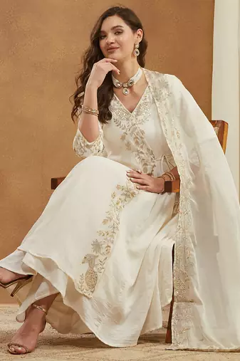 Riva enterprise women's elegant angrakha style anarkali kurti set with embroidered dupatta