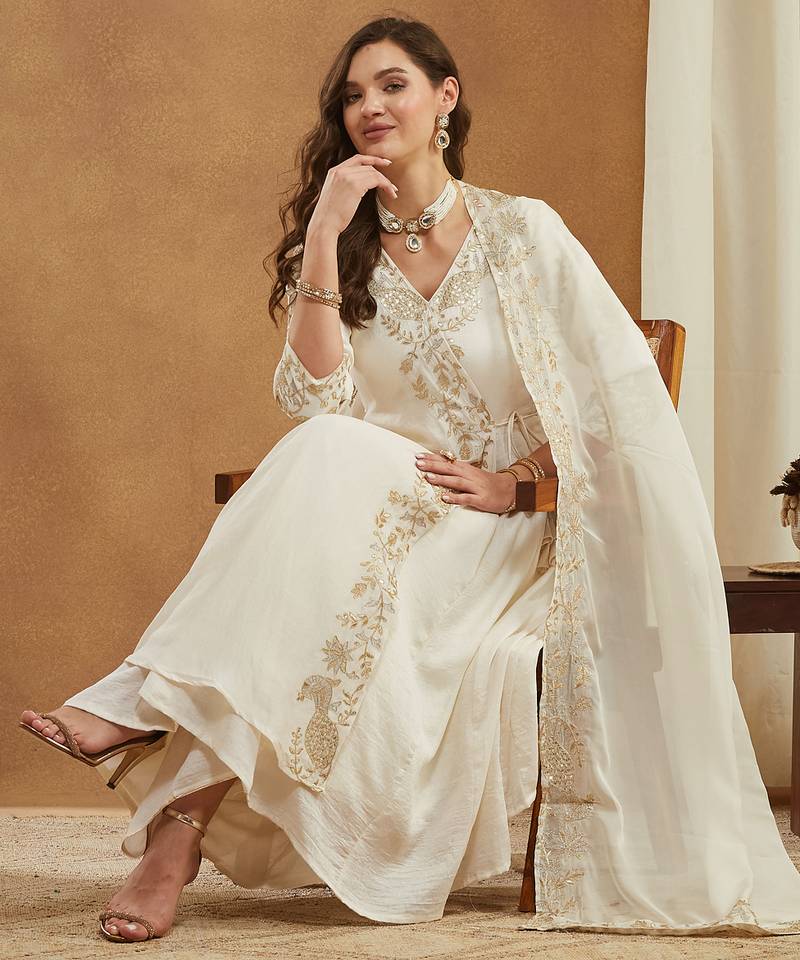 Riva enterprise women's elegant angrakha style anarkali kurti set with embroidered dupatta