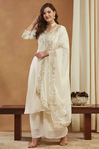 Riva enterprise women's elegant angrakha style anarkali kurti set with embroidered dupatta