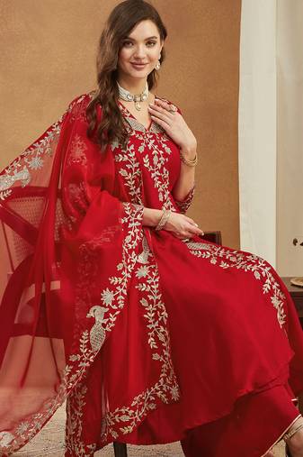 Riva enterprise women's elegant angrakha style anarkali kurti set with embroidered dupatta