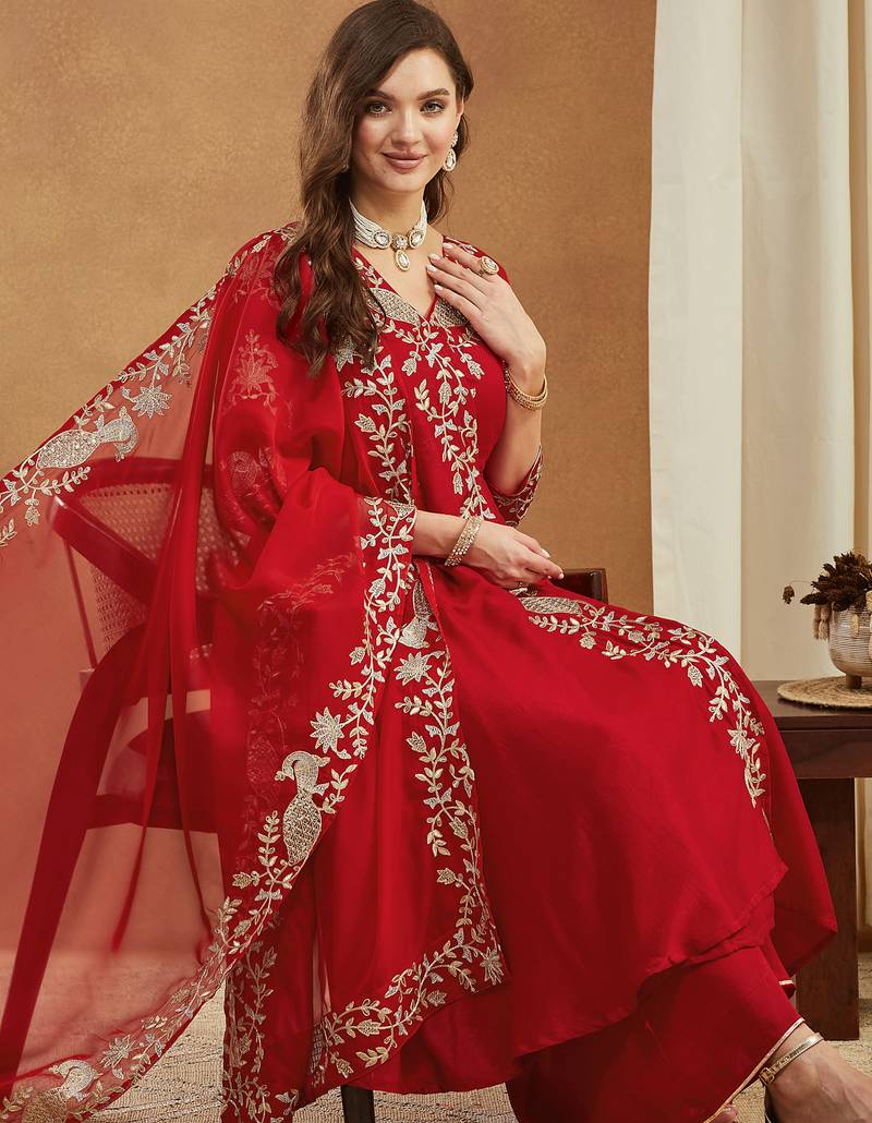 Riva enterprise women's elegant angrakha style anarkali kurti set with embroidered dupatta