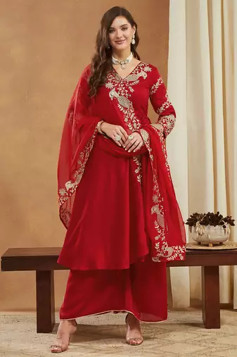 Riva enterprise women's elegant angrakha style anarkali kurti set with embroidered dupatta