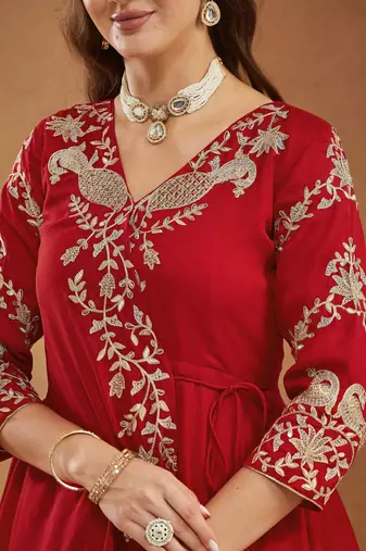 Riva enterprise women's elegant angrakha style anarkali kurti set with embroidered dupatta