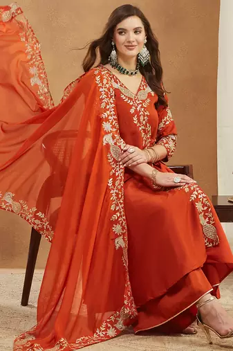 Riva enterprise women's elegant angrakha style anarkali kurti set with embroidered dupatta