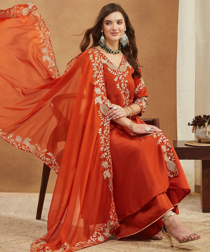 Riva enterprise women's elegant angrakha style anarkali kurti set with embroidered dupatta