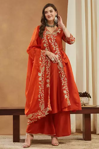 Riva enterprise women's elegant angrakha style anarkali kurti set with embroidered dupatta
