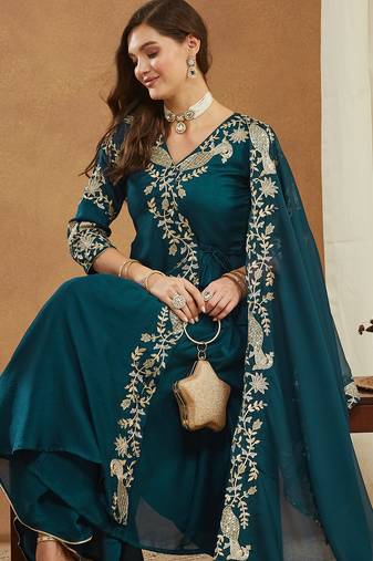 Riva enterprise women's elegant angrakha style anarkali kurti set with embroidered dupatta