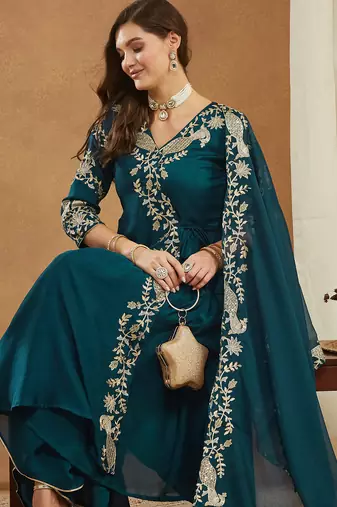 Riva enterprise women's elegant angrakha style anarkali kurti set with embroidered dupatta