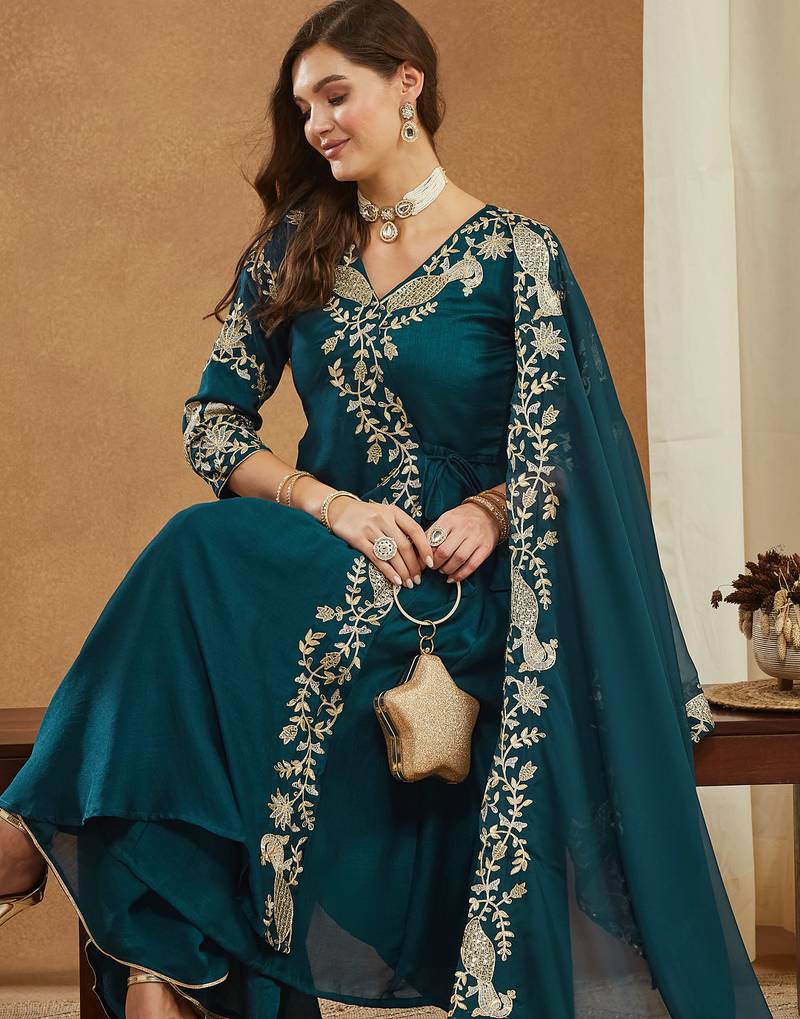 Riva enterprise women's elegant angrakha style anarkali kurti set with embroidered dupatta