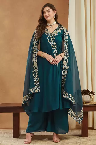 Riva enterprise women's elegant angrakha style anarkali kurti set with embroidered dupatta