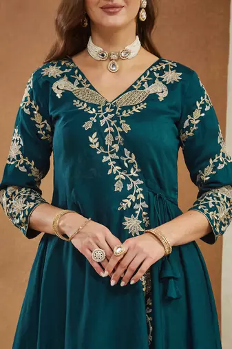 Riva enterprise women's elegant angrakha style anarkali kurti set with embroidered dupatta