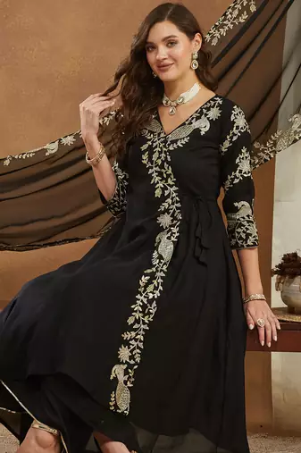 Riva enterprise women's elegant angrakha style anarkali kurti set with embroidered dupatta