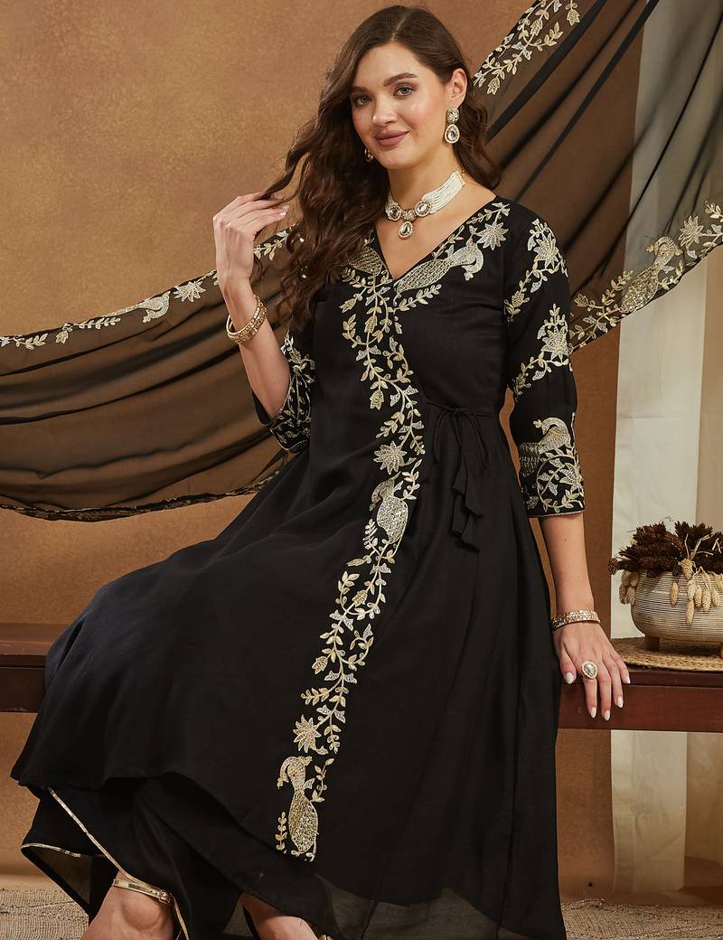 Riva enterprise women's elegant angrakha style anarkali kurti set with embroidered dupatta