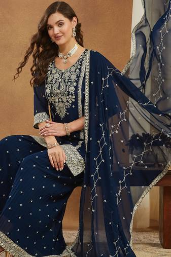 Riva enterprise embroidered navy blue georgette kurta palazzo & dupatta set.