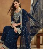 Riva enterprise embroidered navy blue georgette kurta palazzo & dupatta set.