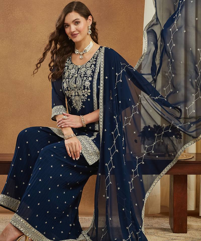 Riva enterprise embroidered navy blue georgette kurta palazzo & dupatta set.