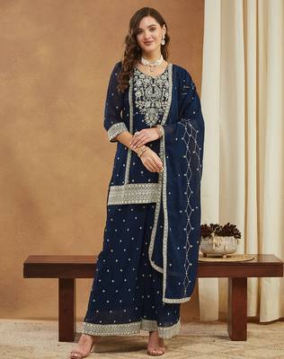 Riva enterprise embroidered navy blue georgette kurta palazzo & dupatta set. 2