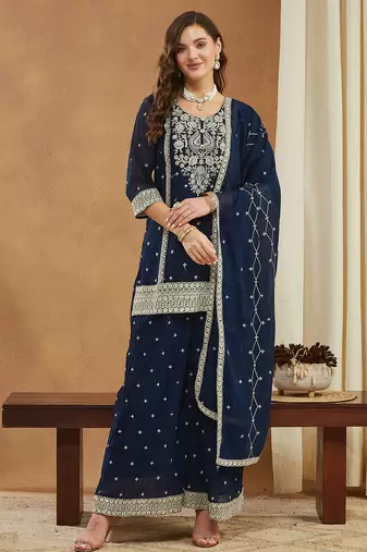Riva enterprise embroidered navy blue georgette kurta palazzo & dupatta set.