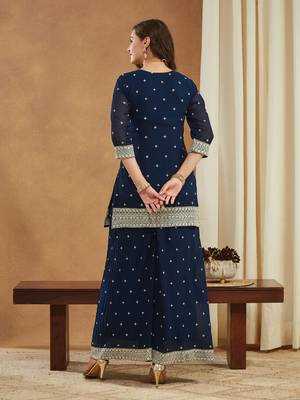 Riva enterprise embroidered navy blue georgette kurta palazzo & dupatta set. 3