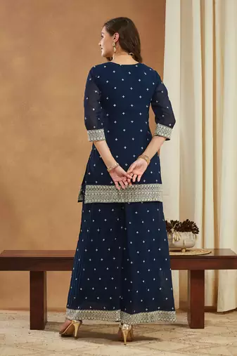 Riva enterprise embroidered navy blue georgette kurta palazzo & dupatta set.
