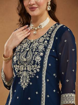 Riva enterprise embroidered navy blue georgette kurta palazzo & dupatta set. 4