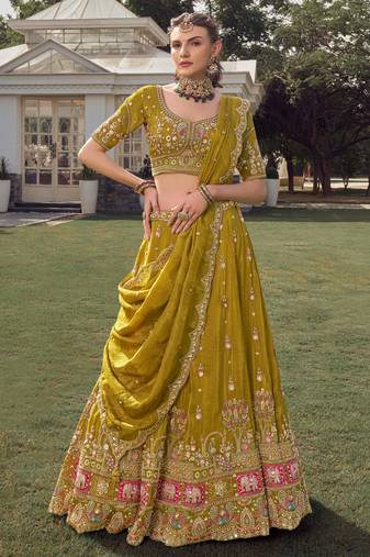 green beads work tissue lehenga set choli with dupatta