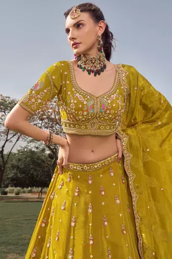 green beads work tissue lehenga set choli with dupatta