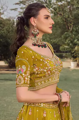 green beads work tissue lehenga set choli with dupatta