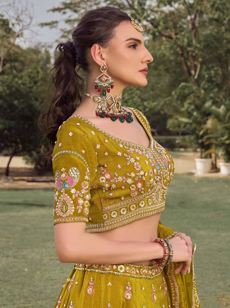 green beads work tissue lehenga set choli with dupatta