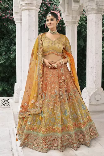 Rust Orange And Mustard Yellow Silk Blend Lehenga set choli dupatta 