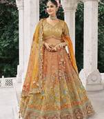 Rust Orange And Mustard Yellow Silk Blend Lehenga set choli dupatta 