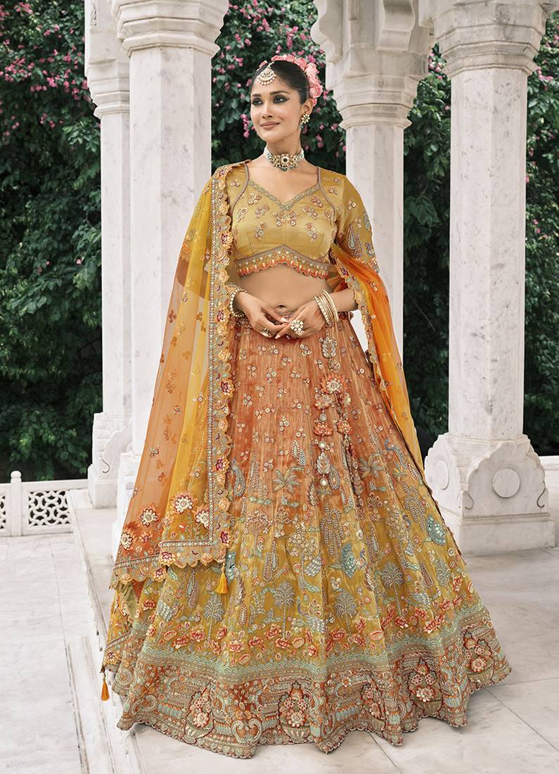 Rust Orange And Mustard Yellow Silk Blend Lehenga set choli dupatta 