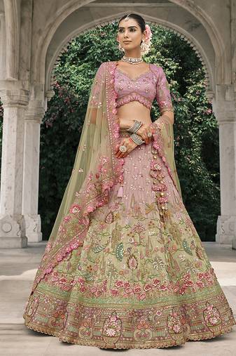 Pink And Light Green Silk Blend Lehenga set choli dupatta 