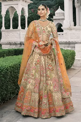Cream Silk Blend Lehenga set choli dupatta