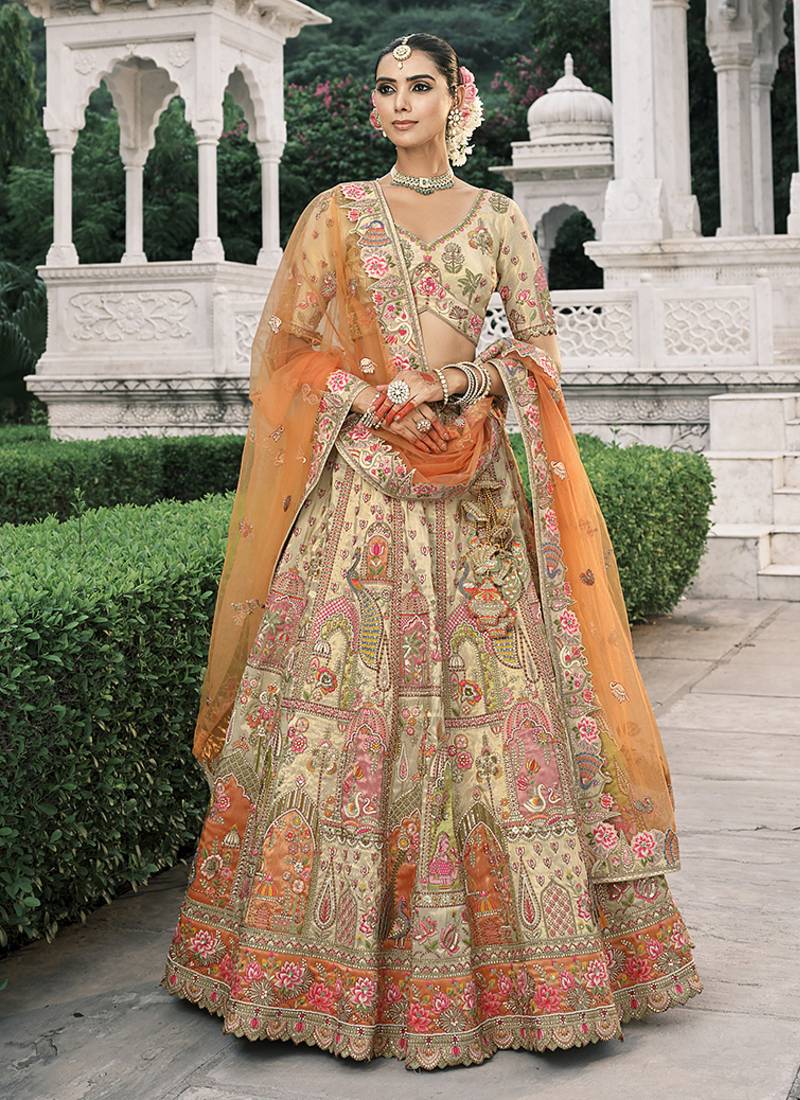 Cream Silk Blend Lehenga set choli dupatta