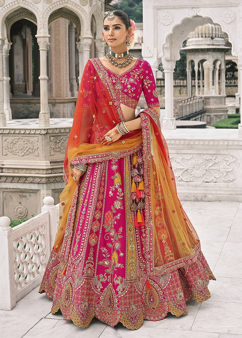 Rani Pink Silk Blend Lehenga set choli dupatta