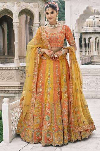 Yellow And Orange Silk Blend Lehenga set choli dupatta