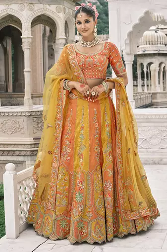 Yellow And Orange Silk Blend Lehenga set choli dupatta