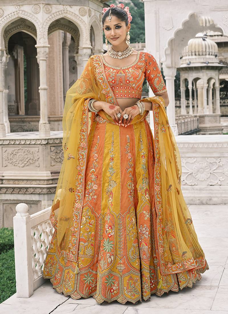 Yellow And Orange Silk Blend Lehenga set choli dupatta