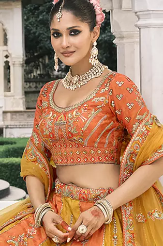 Yellow & Orange silk blend Embroidered Lehenga choli