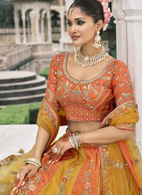 Yellow & Orange silk blend Embroidered Lehenga choli 3