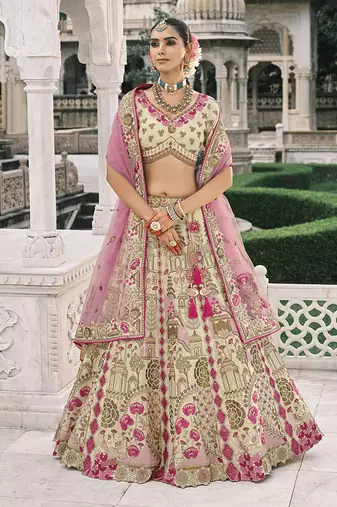 Cream Silk Blend Lehenga set choli dupatta