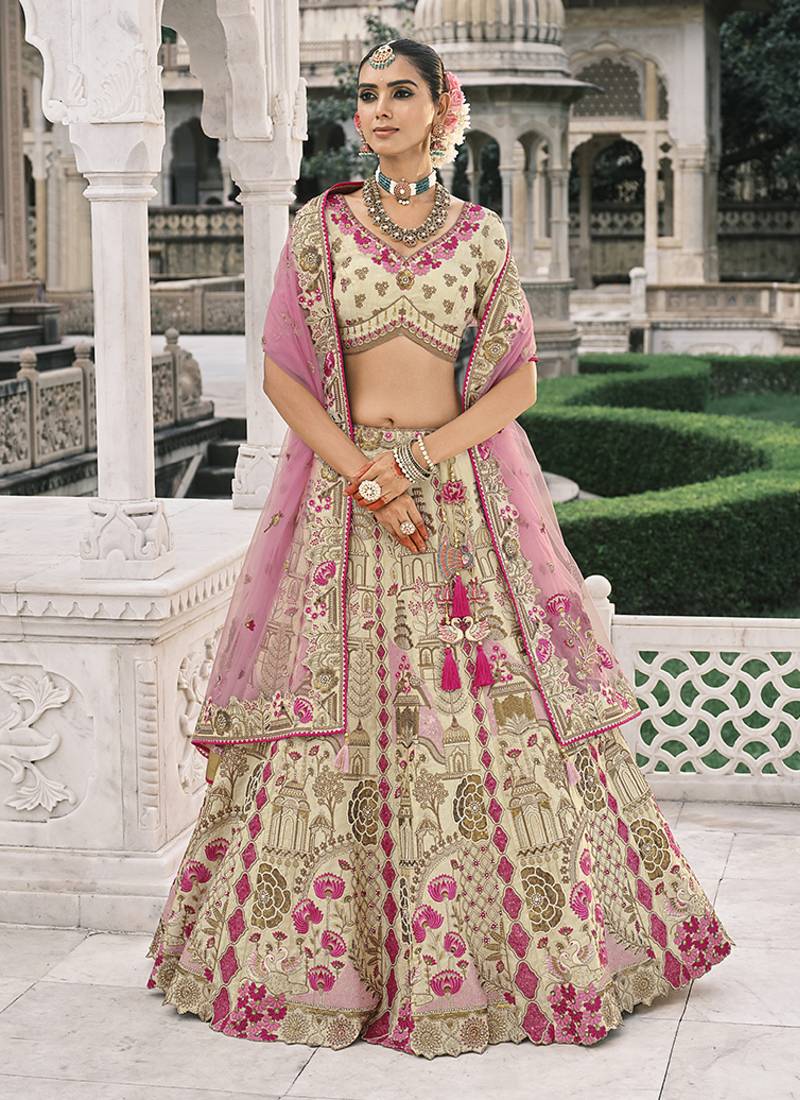 Cream Silk Blend Lehenga set choli dupatta