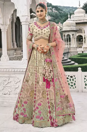 Cream Silk Blend Lehenga set choli dupatta