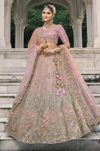 Dusty Pink And Grey Silk Blend Lehenga set choli dupatta