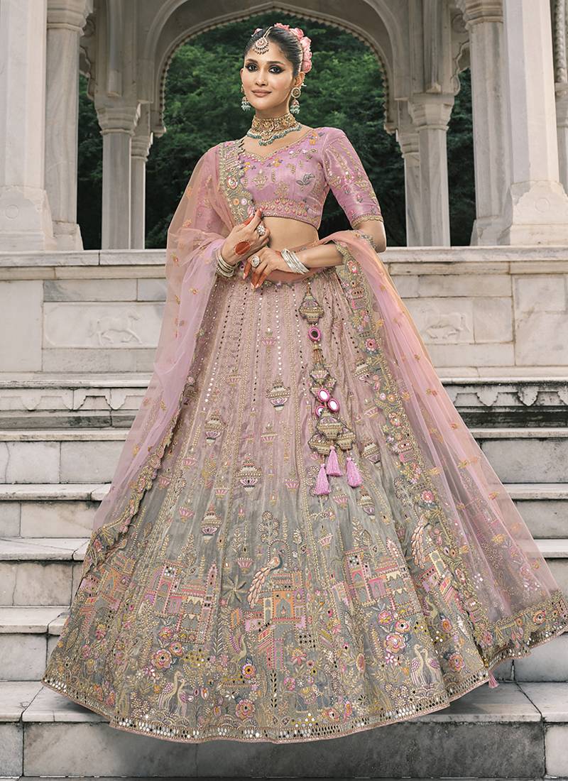 Dusty Pink And Grey Silk Blend Lehenga set choli dupatta