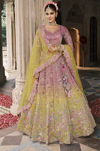 Onion Pink And Green Silk Blend Lehenga set choli dupatta